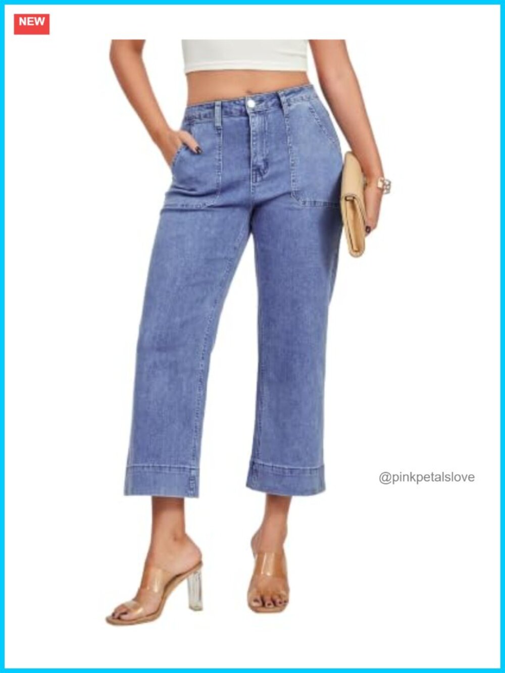 High Waisted Wide Leg Jeans for Women Stretchy Cropped Denim Pants with Pockets